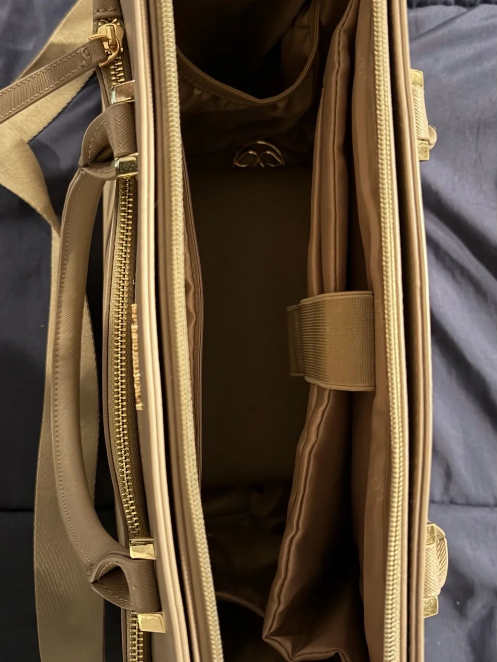 Beige Structured Tote Bag with Gold Accent by